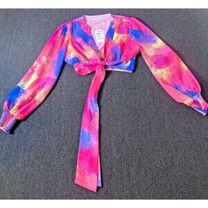 BAR lll Blouse Pink Tie Dye Back Tie V-Neck Cropped Hippie 90s Preppy Size Small